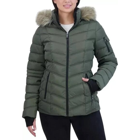 NEW Nautica Women's Size L Olive Green Quilted Puffer Jacket W/ Faux Fur Hood - Picture 1 of 11